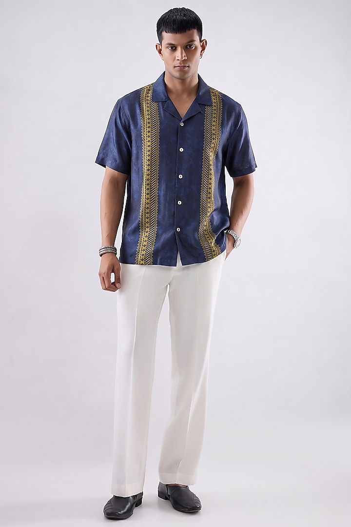 Blue Banarasi Silk Chanderi Summer Shirt by Raw & Rustic by Niti Bothra at Pernia's Pop Up Shop