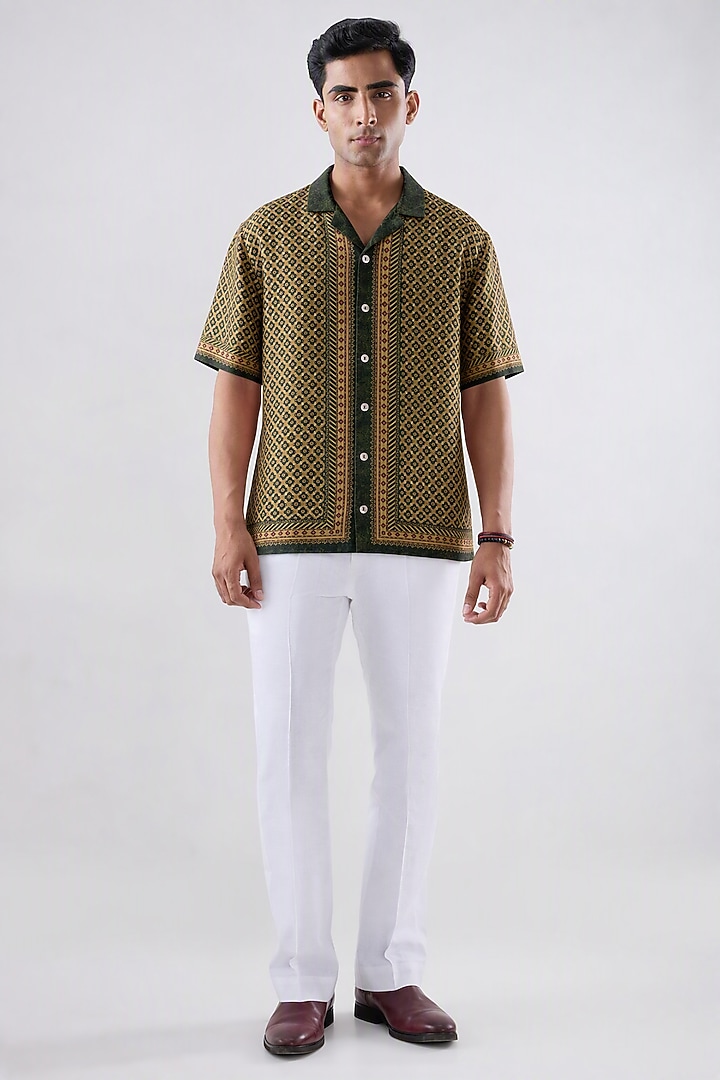 Olive Green Banarasi Silk Chanderi Summer Shirt by Raw & Rustic by Niti Bothra at Pernia's Pop Up Shop