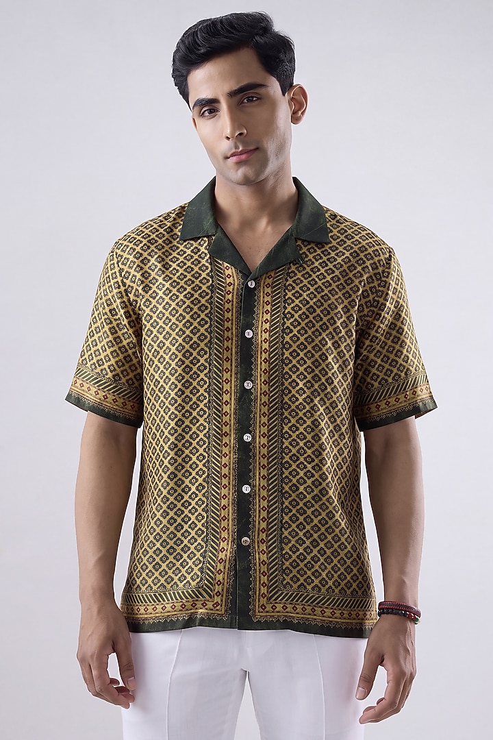 Olive Green Banarasi Silk Chanderi Summer Shirt by Raw & Rustic by Niti Bothra at Pernia's Pop Up Shop