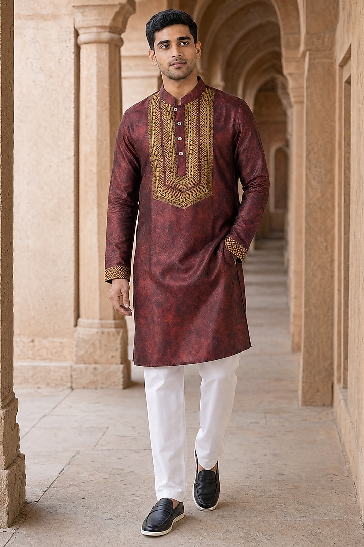 Maroon Banarasi Silk Chanderi Kurta by Raw & Rustic by Niti Bothra at Pernia's Pop Up Shop