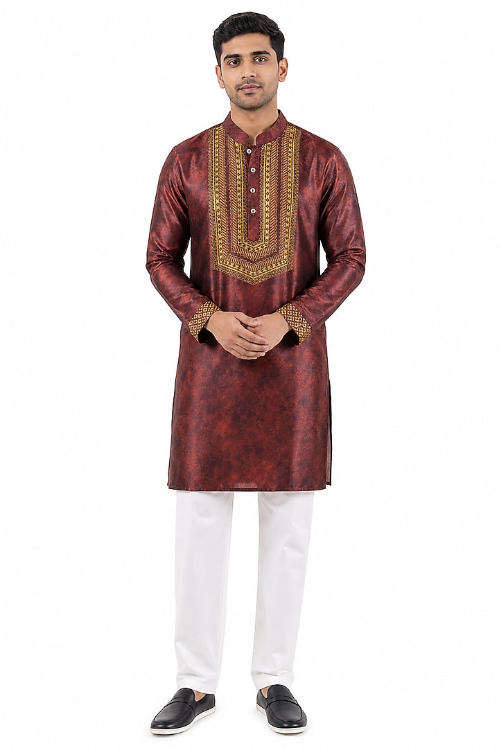 Maroon Banarasi Silk Chanderi Kurta by Raw & Rustic by Niti Bothra at Pernia's Pop Up Shop