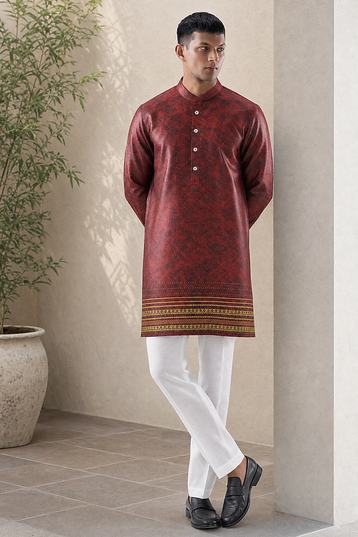 Maroon Banarasi Silk Chanderi Kurta by Raw & Rustic by Niti Bothra at Pernia's Pop Up Shop