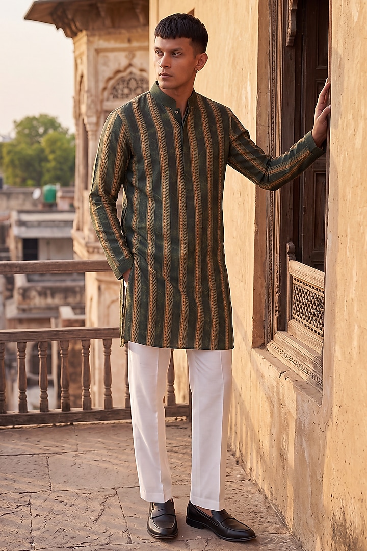 Olive Green Banarasi Silk Chanderi Kurta by Raw & Rustic by Niti Bothra at Pernia's Pop Up Shop