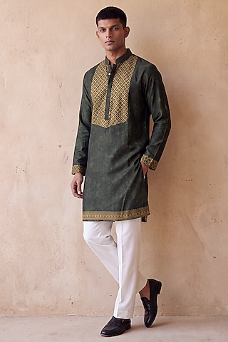 Olive Green Banarasi Silk Chanderi Kurta by raw & rustic by niti bothra