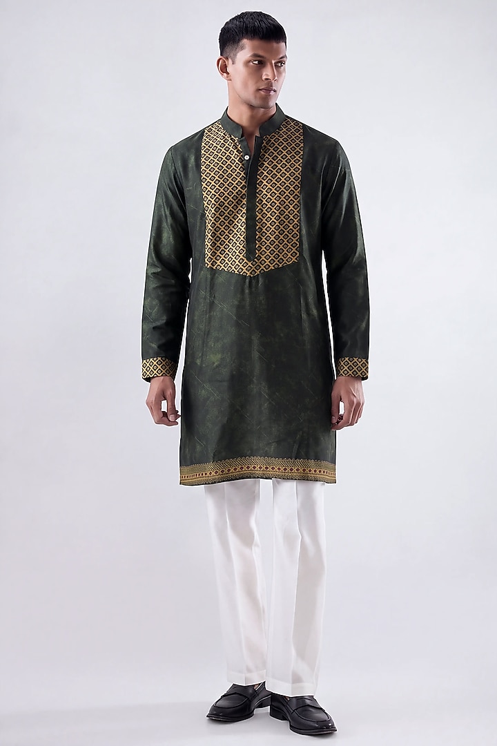 Olive Green Banarasi Silk Chanderi Kurta by Raw & Rustic by Niti Bothra at Pernia's Pop Up Shop