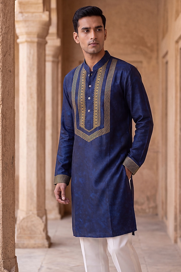 Blue Banarasi Silk Chanderi Kurta by Raw & Rustic by Niti Bothra at Pernia's Pop Up Shop