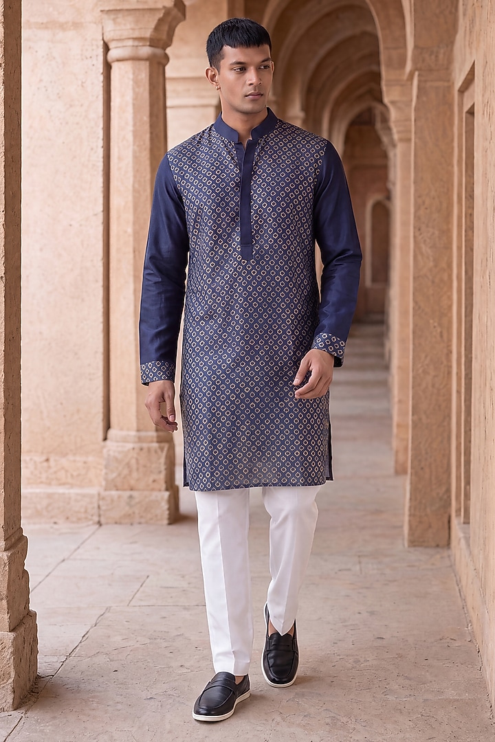 Blue Banarasi Silk Chanderi Kurta by Raw & Rustic by Niti Bothra at Pernia's Pop Up Shop