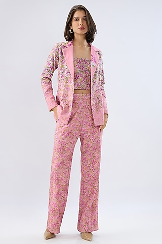 Pink Linen Cotton Floral Printed Blazer Set by Raw & Rustic by Niti Bothra