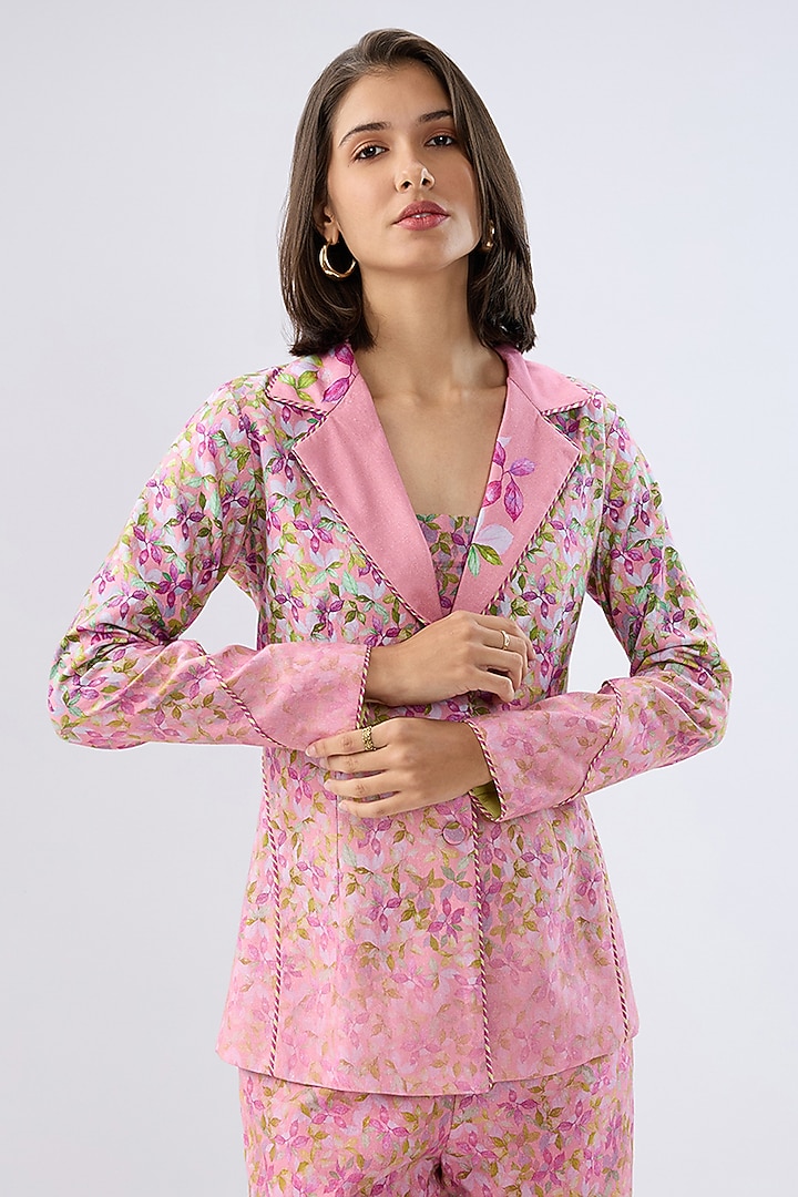 Pink Linen Cotton Floral Printed Blazer Set by Raw & Rustic by Niti Bothra at Pernia's Pop Up Shop