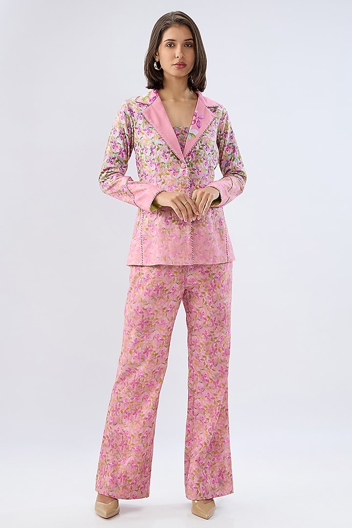 Pink Linen Cotton Floral Printed Blazer Set by Raw & Rustic by Niti Bothra at Pernia's Pop Up Shop