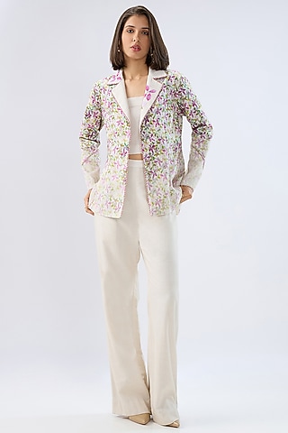 Ivory Linen Cotton Floral Printed Blazer Set by Raw & Rustic by Niti Bothra