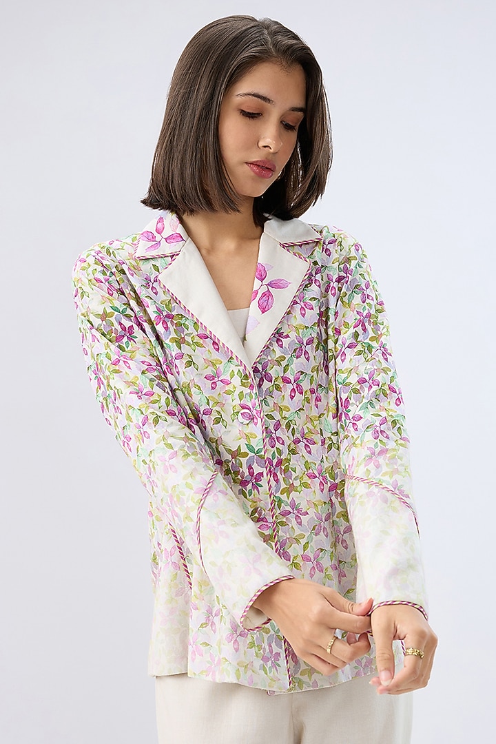 Ivory Linen Cotton Floral Printed Blazer Set by Raw & Rustic by Niti Bothra at Pernia's Pop Up Shop