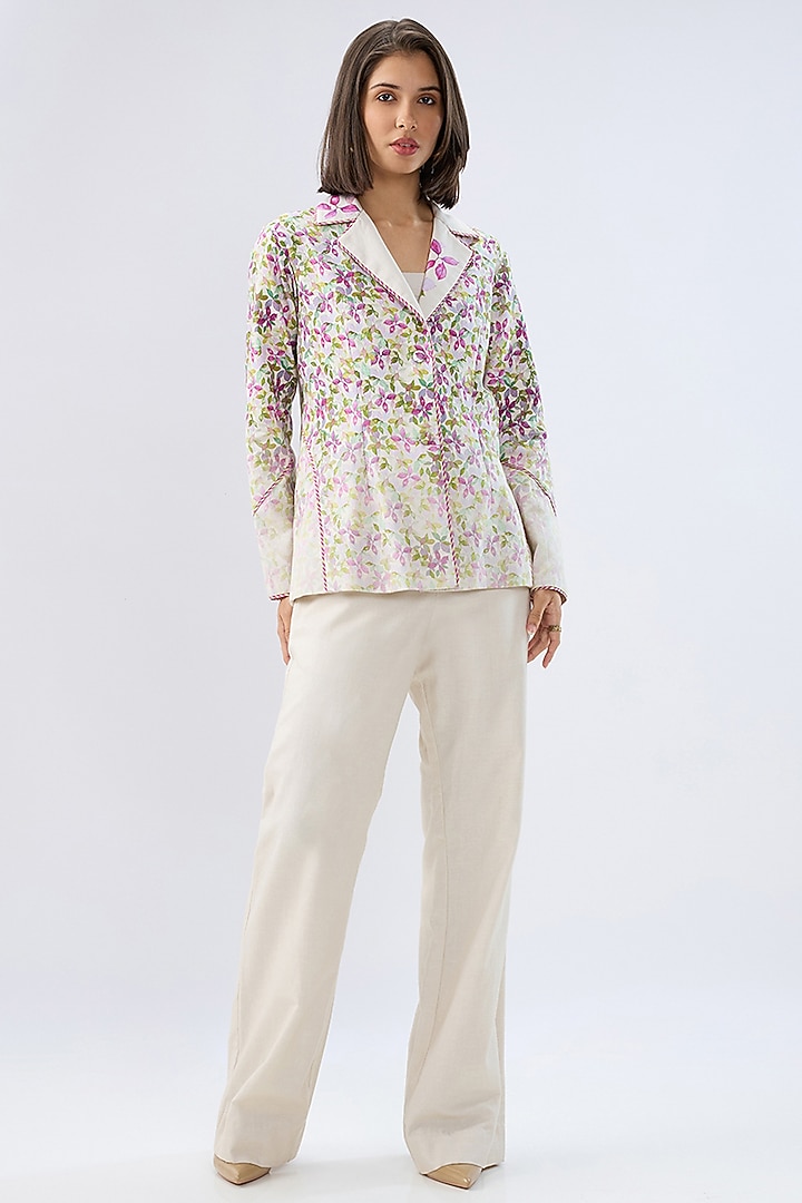 Ivory Linen Cotton Floral Printed Blazer Set by Raw & Rustic by Niti Bothra at Pernia's Pop Up Shop