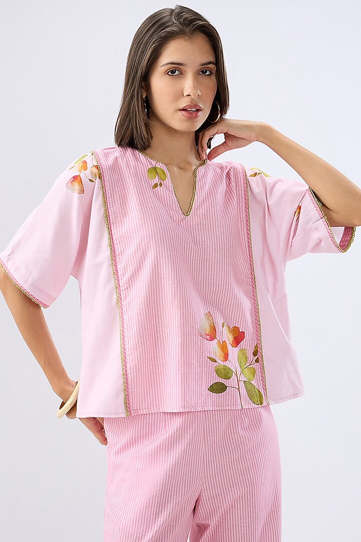 Pink Linen Cotton Floral Printed Co-Ord Set by Raw & Rustic by Niti Bothra at Pernia's Pop Up Shop