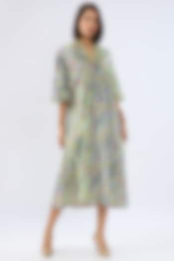 Blue Linen Cotton Floral Printed A-Line Midi Summer Dress by Raw & Rustic by Niti Bothra at Pernia's Pop Up Shop
