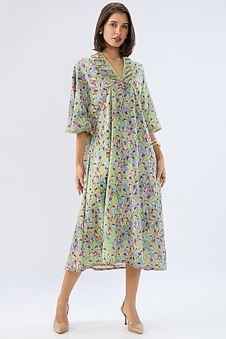 Blue Linen Cotton Floral Printed A-Line Midi Dress by Raw & Rustic by Niti Bothra
