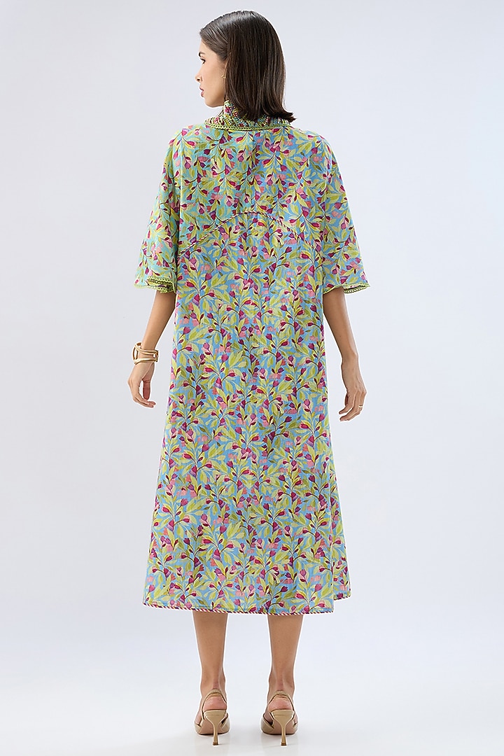Blue Linen Cotton Floral Printed A-Line Midi Summer Dress by Raw & Rustic by Niti Bothra at Pernia's Pop Up Shop