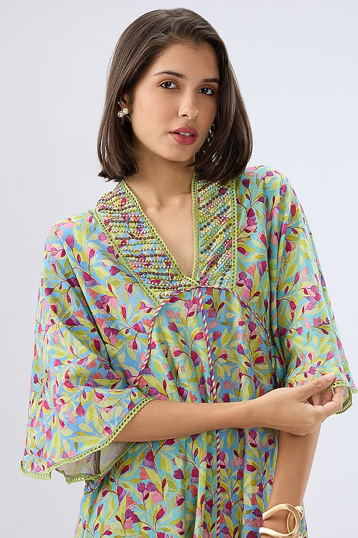 Blue Linen Cotton Floral Printed A-Line Midi Summer Dress by Raw & Rustic by Niti Bothra at Pernia's Pop Up Shop
