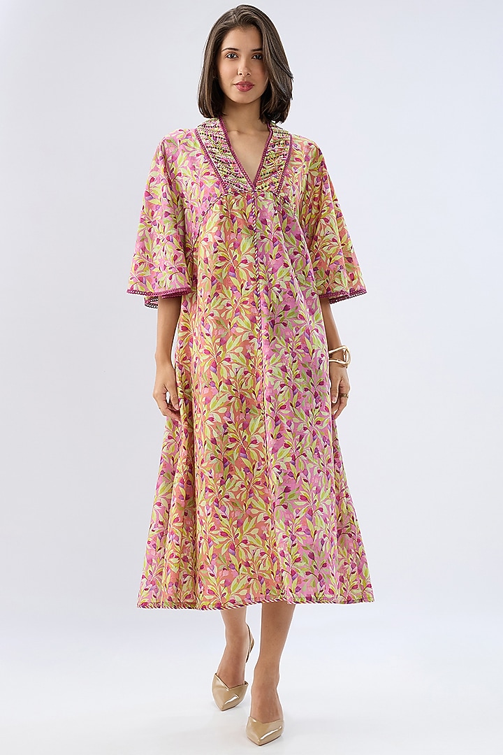 Pink Linen Cotton Floral Printed A-Line Midi Summer Dress by Raw & Rustic by Niti Bothra at Pernia's Pop Up Shop