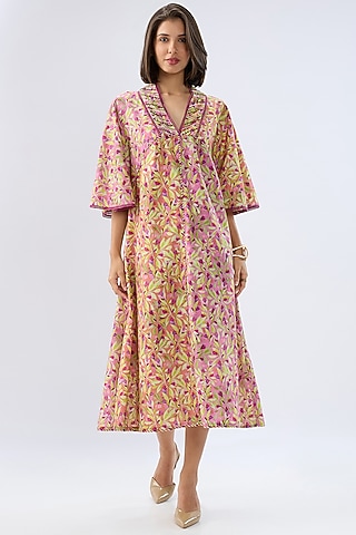 Pink Linen Cotton Floral Printed A-Line Midi Dress by Raw & Rustic by Niti Bothra