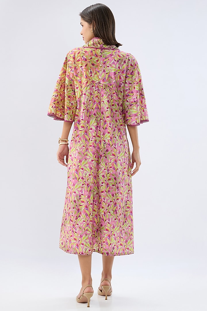 Pink Linen Cotton Floral Printed A-Line Midi Summer Dress by Raw & Rustic by Niti Bothra at Pernia's Pop Up Shop