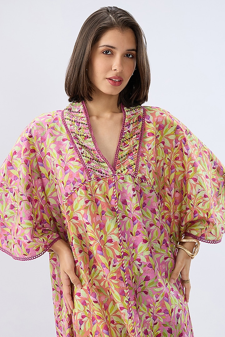 Pink Linen Cotton Floral Printed A-Line Midi Summer Dress by Raw & Rustic by Niti Bothra at Pernia's Pop Up Shop