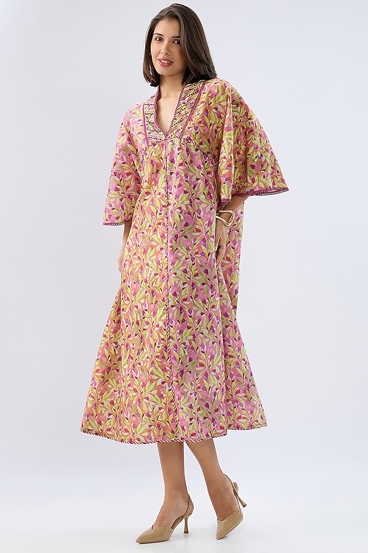 Pink Linen Cotton Floral Printed A-Line Midi Summer Dress by Raw & Rustic by Niti Bothra at Pernia's Pop Up Shop