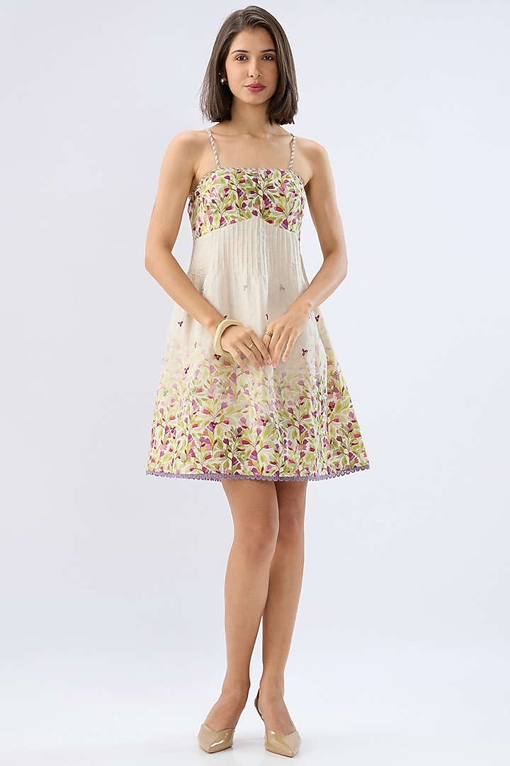 Ivory Linen Cotton Floral Printed Mini Summer Dress by Raw & Rustic by Niti Bothra at Pernia's Pop Up Shop