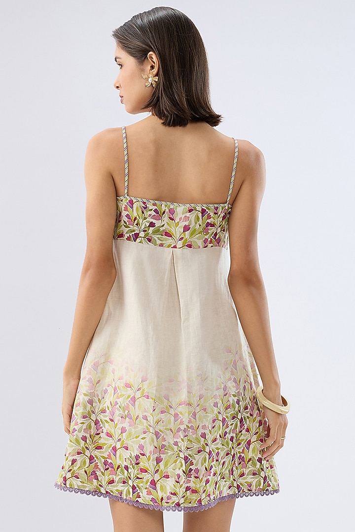 Ivory Linen Cotton Floral Printed Mini Summer Dress by Raw & Rustic by Niti Bothra at Pernia's Pop Up Shop