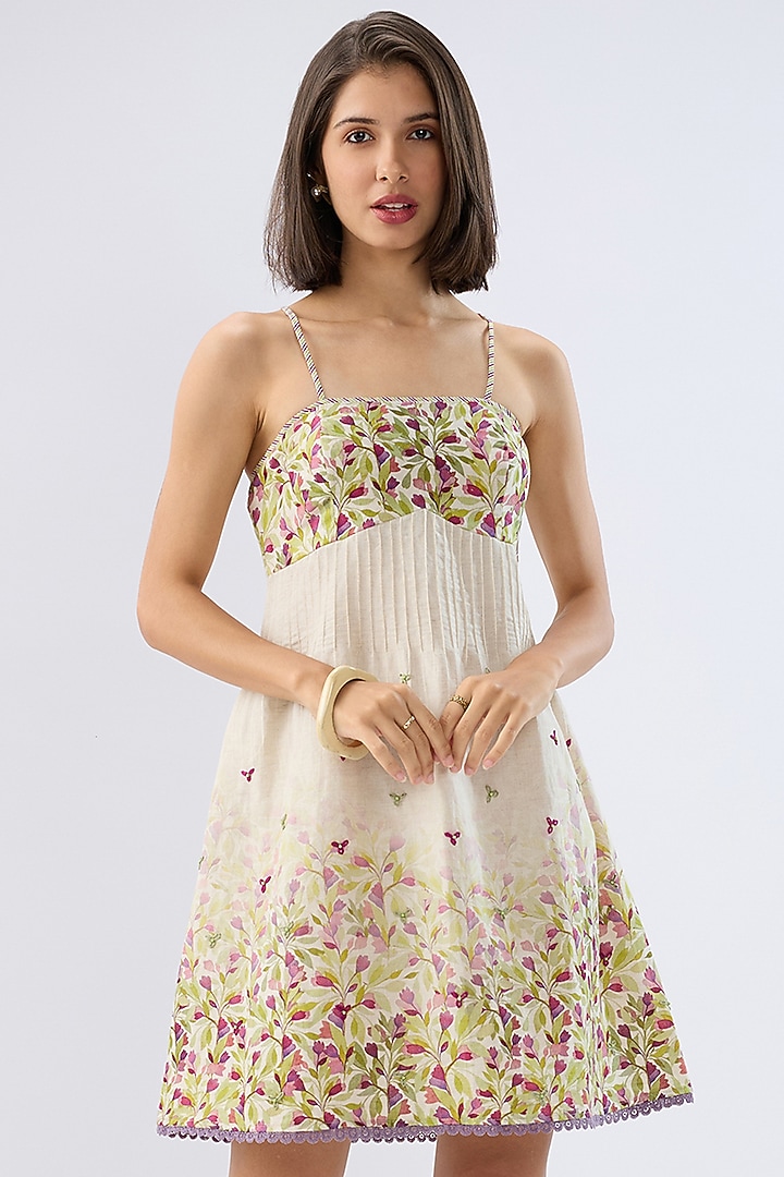 Ivory Linen Cotton Floral Printed Mini Summer Dress by Raw & Rustic by Niti Bothra at Pernia's Pop Up Shop