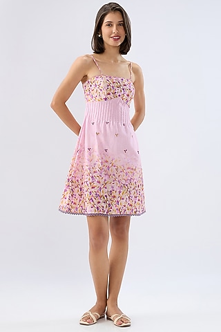 Pink Linen Cotton Floral Printed Mini Dress by Raw & Rustic by Niti Bothra