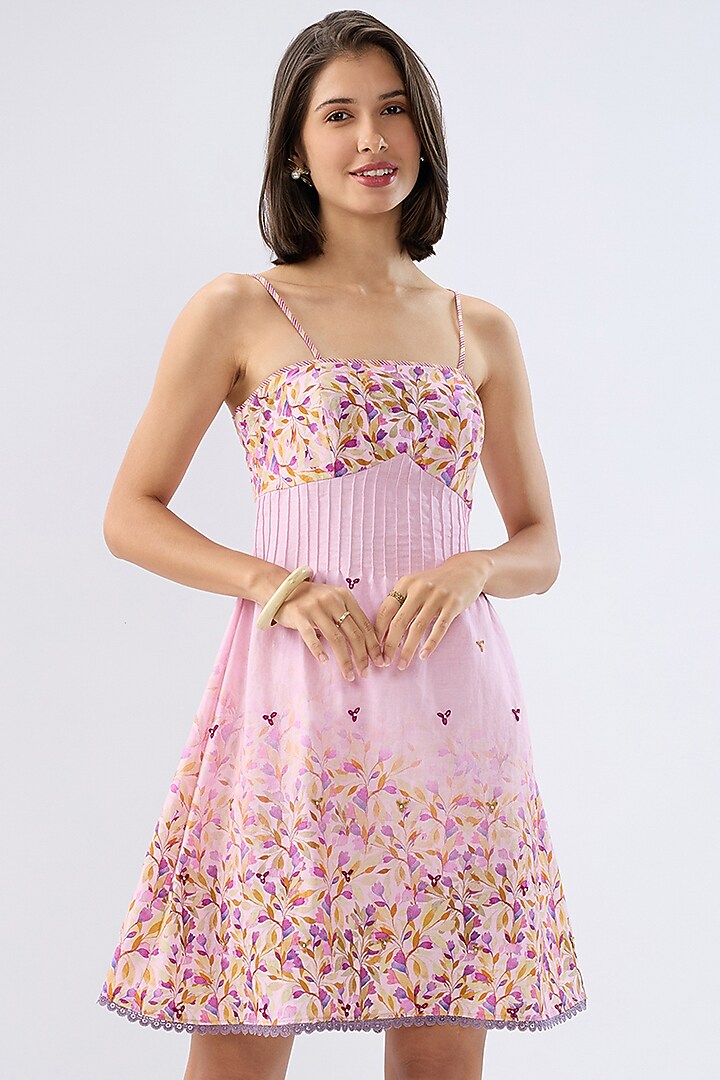 Pink Linen Cotton Floral Printed Mini Summer Dress by Raw & Rustic by Niti Bothra at Pernia's Pop Up Shop