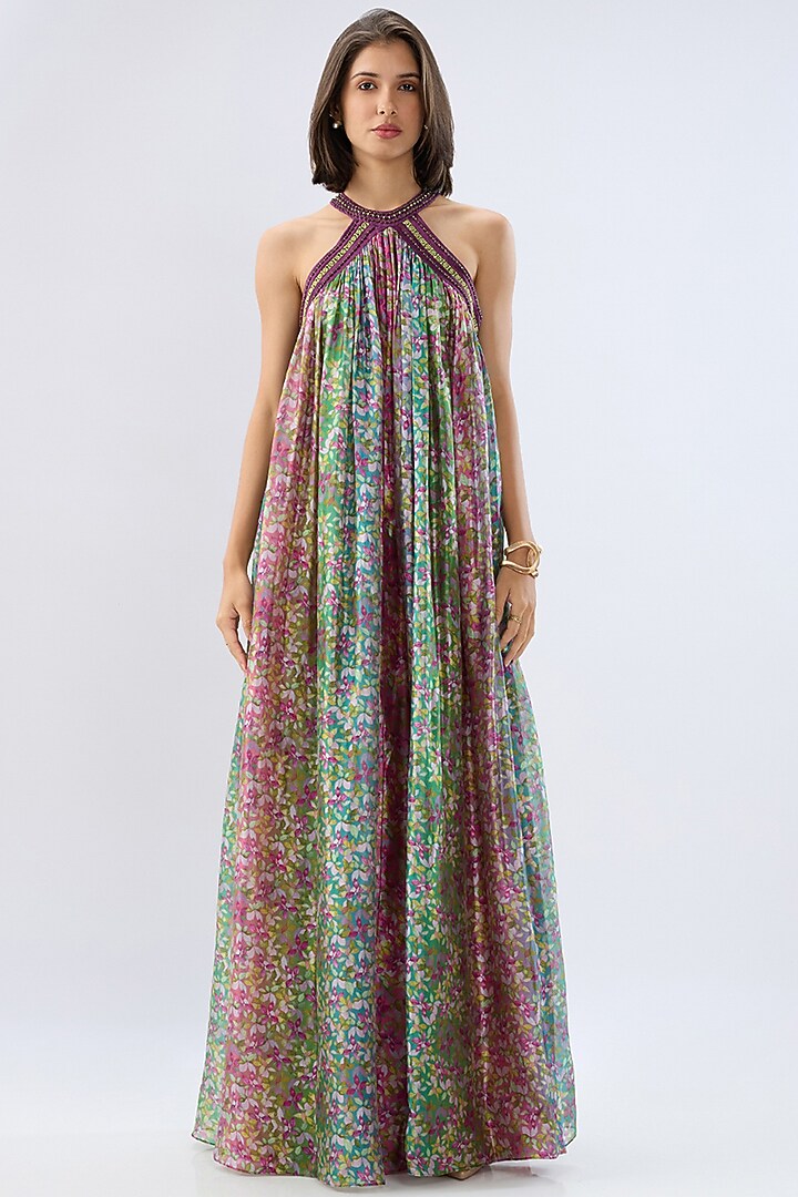 Multi-Colored Organza Floral Printed Maxi Vacation Dress by Raw & Rustic by Niti Bothra at Pernia's Pop Up Shop