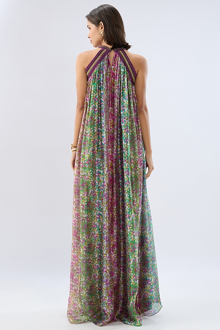 Multi-Colored Organza Floral Printed Maxi Vacation Dress by Raw & Rustic by Niti Bothra at Pernia's Pop Up Shop
