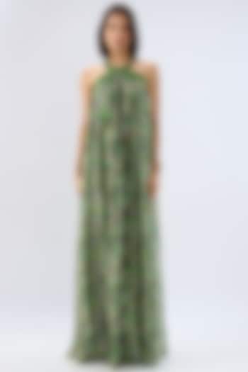 Dark Green Organza Floral Printed Maxi Vacation Dress by Raw & Rustic by Niti Bothra at Pernia's Pop Up Shop