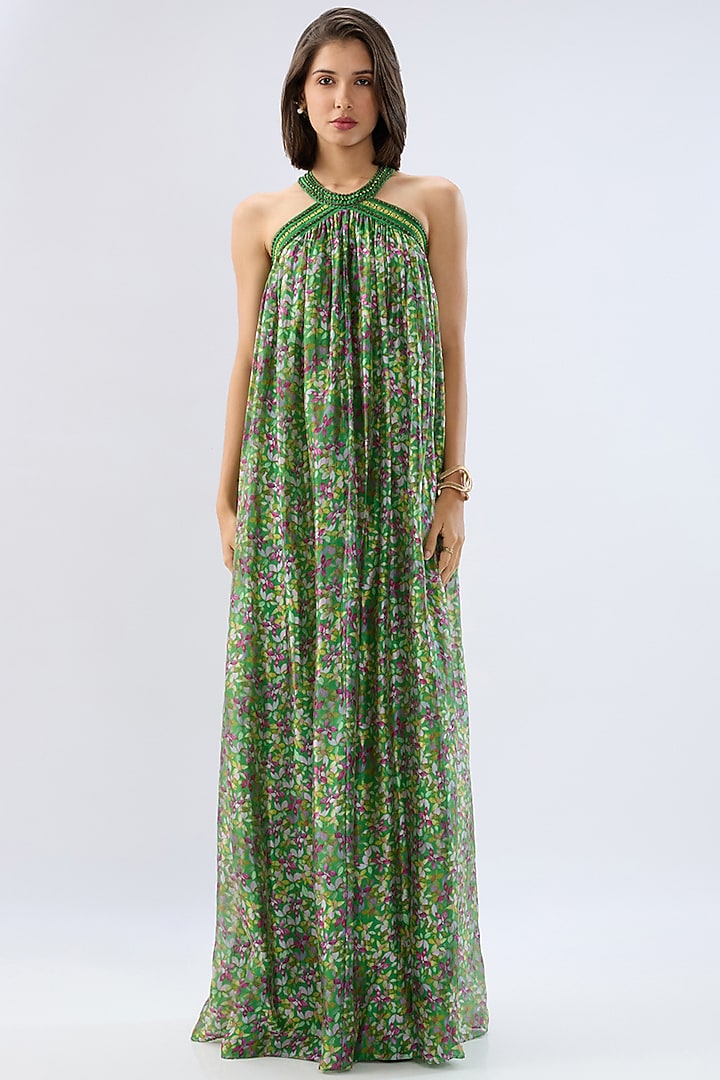 Dark Green Organza Floral Printed Maxi Vacation Dress by Raw & Rustic by Niti Bothra at Pernia's Pop Up Shop