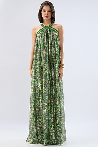 Dark Green Organza Floral Printed Maxi Dress by Raw & Rustic by Niti Bothra