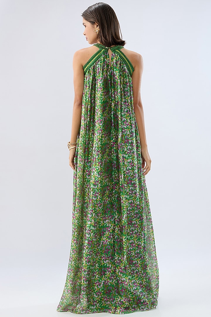 Dark Green Organza Floral Printed Maxi Vacation Dress by Raw & Rustic by Niti Bothra at Pernia's Pop Up Shop