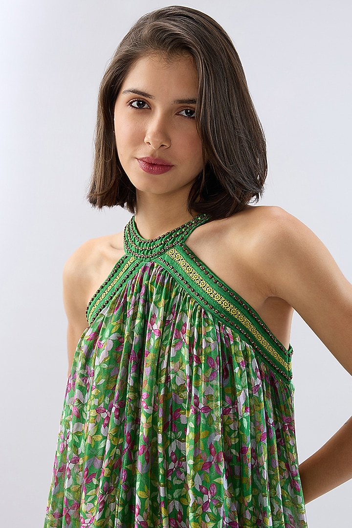 Dark Green Organza Floral Printed Maxi Vacation Dress by Raw & Rustic by Niti Bothra at Pernia's Pop Up Shop