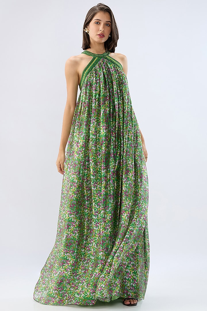 Dark Green Organza Floral Printed Maxi Vacation Dress by Raw & Rustic by Niti Bothra at Pernia's Pop Up Shop