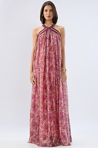 Pink Organza Floral Printed Maxi Dress by Raw & Rustic by Niti Bothra