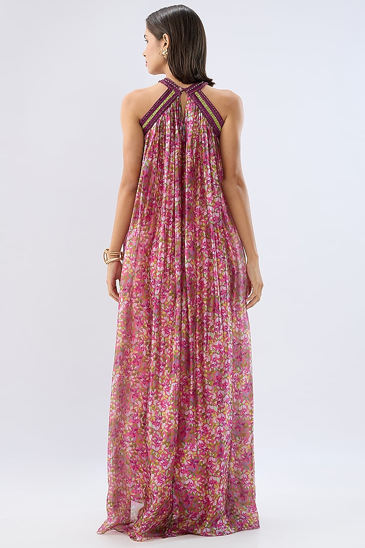 Pink Organza Floral Printed Maxi Vacation Dress by Raw & Rustic by Niti Bothra at Pernia's Pop Up Shop