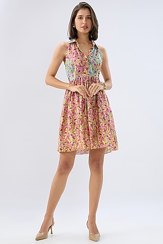 Multi-Colored Silk Tencel Floral Printed Mini Dress by Raw & Rustic by Niti Bothra