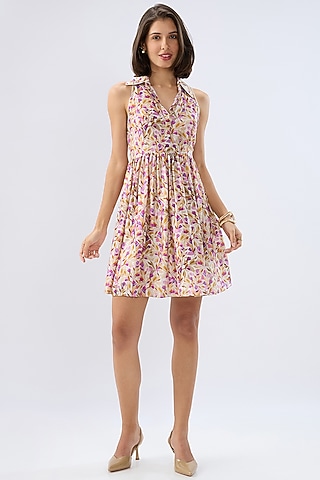 Ivory Silk Tencel Floral Printed Mini Dress by Raw & Rustic by Niti Bothra