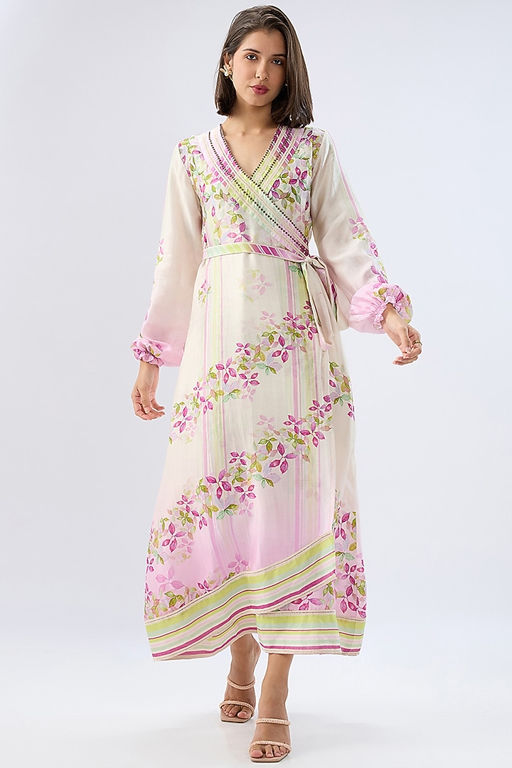 Ivory Silk Tencel Floral Printed Wrap Vacation Dress by Raw & Rustic by Niti Bothra at Pernia's Pop Up Shop