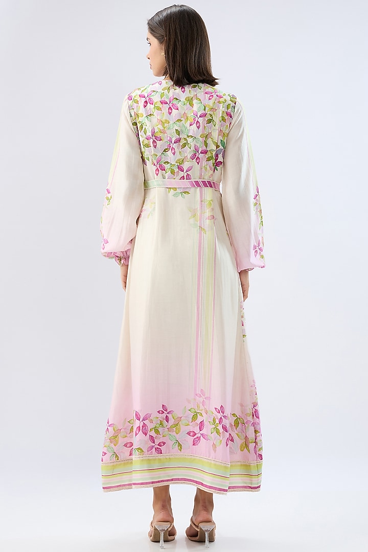 Ivory Silk Tencel Floral Printed Wrap Vacation Dress by Raw & Rustic by Niti Bothra at Pernia's Pop Up Shop