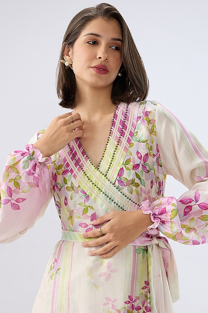 Ivory Silk Tencel Floral Printed Wrap Vacation Dress by Raw & Rustic by Niti Bothra at Pernia's Pop Up Shop