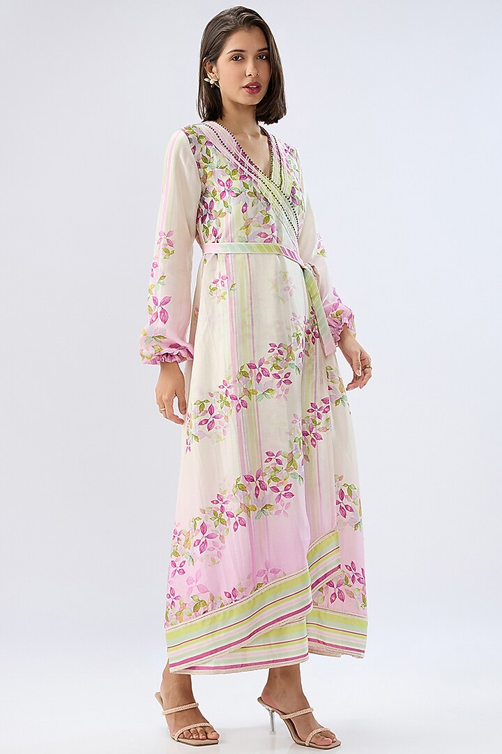 Ivory Silk Tencel Floral Printed Wrap Vacation Dress by Raw & Rustic by Niti Bothra at Pernia's Pop Up Shop