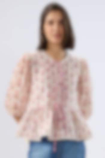 Ivory Linen Cotton Floral Printed Peplum Top by Raw & Rustic by Niti Bothra at Pernia's Pop Up Shop