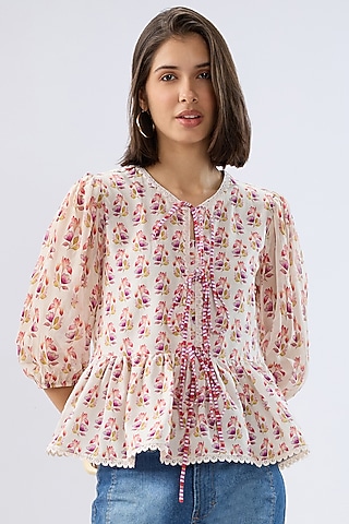 Ivory Linen Cotton Floral Printed Peplum Top by Raw & Rustic by Niti Bothra
